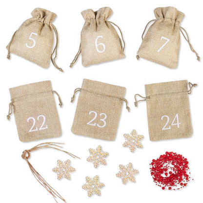 1 st. Adventskalender jute zakjes 10 x 13 cm - naturel + witte cijfers