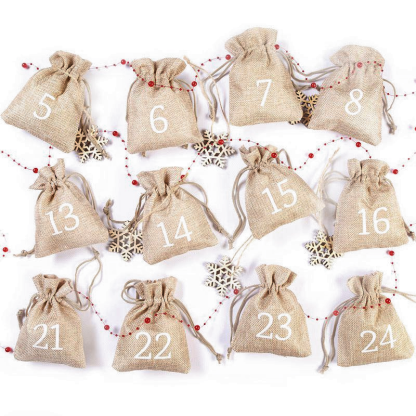 1 st. Adventskalender jute zakjes 10 x 13 cm - naturel + witte cijfers - Afbeelding 2