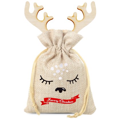 1 stuk Jute zak 13 x 18 cm - Kerstmis + houten kerstbal met hoorns