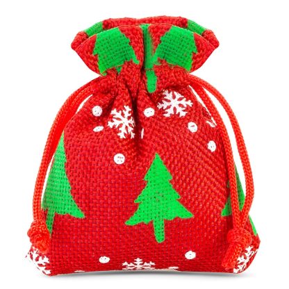 10 stuks Jute zakjes 10 x 13 cm - rood / kerstboom