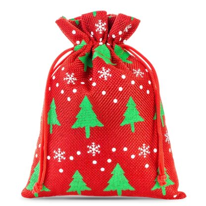 10 stuks Jute zakjes 12 x 15 cm -  rood / kerstboom