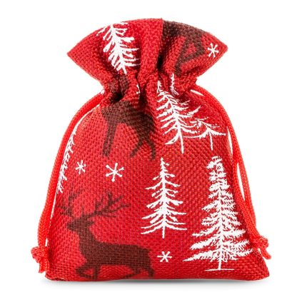 10 stuks Jute zakjes 8 x 10 cm - rood / rendier