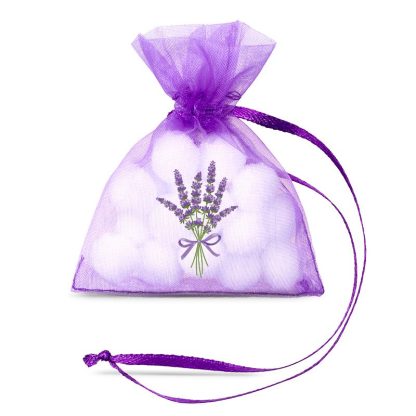 10 stuks Organza zakjes 7 x 9 cm - donkerpaars met druk lavendel