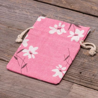 3 stuks Zakjes à la linnen met print 12 x 15 cm - natuurlijk / roze bloemen - Afbeelding 2