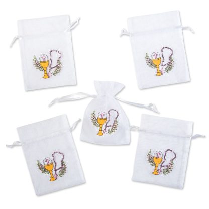 5 stuks. Organza geschenkzakjes 10 x 13 cm wit met opdruk