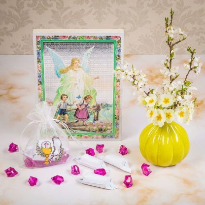 5 stuks. Organza geschenkzakjes 10 x 13 cm wit met opdruk - Afbeelding 2