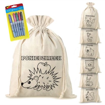 7 stuks Linnen zakken met print 30 x 40 cm - kleurboek met viltstiften
