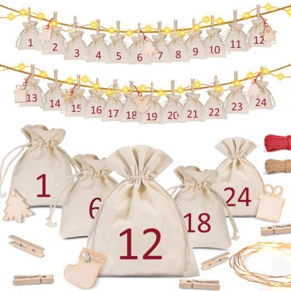 Adventskalender, 24 stuks Zakjes van 100% katoen 10 x 13 cm + Kerstaccessoires
