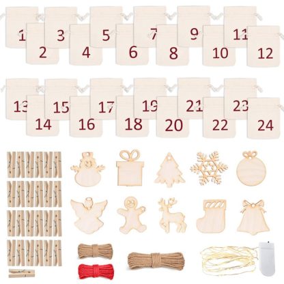 Adventskalender, 24 stuks Zakjes van 100% katoen 10 x 13 cm + Kerstaccessoires - Afbeelding 2