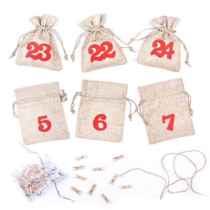 1 st. Adventskalender jute zakjes 11 x 14 cm - naturel + rode cijfers