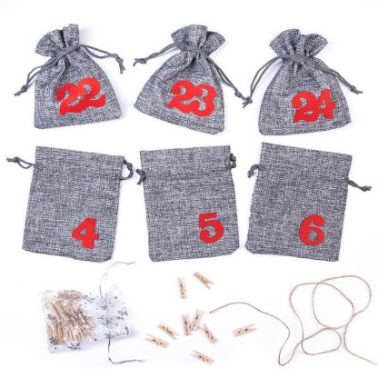 1 st. Adventskalender jute zakjes 12 x 15 cm - grijs + rode cijfers