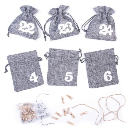 1 st. Adventskalender jute zakjes 12 x 15 cm - grijs + witte cijfers