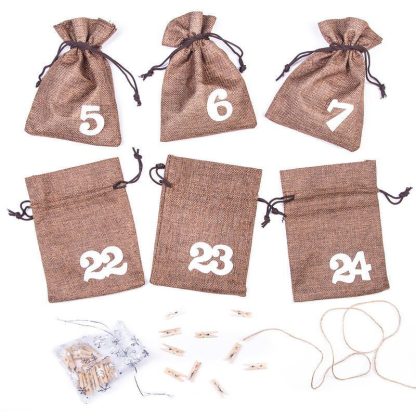 1 st. Adventskalender jute zakjes 13 x 18 cm - naturel donker + witte cijfers