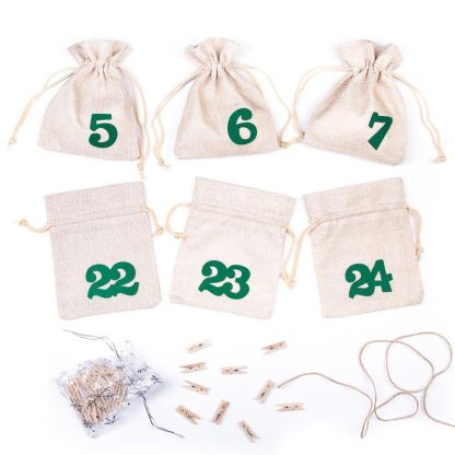 1 st. Adventskalender jute zakjes 12 x 15 cm - natuurlijk licht + groene cijfers