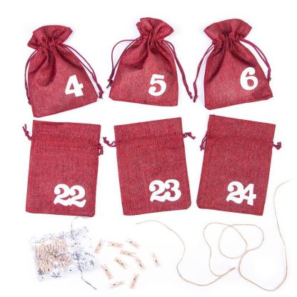 1 st. Adventskalender jute zakjes 13 x 18 cm - kastanjebruin + witte cijfers