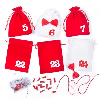 1 st. Adventskalender velours zakjes 15 x 20 cm - rood en wit + witte en rode nummers