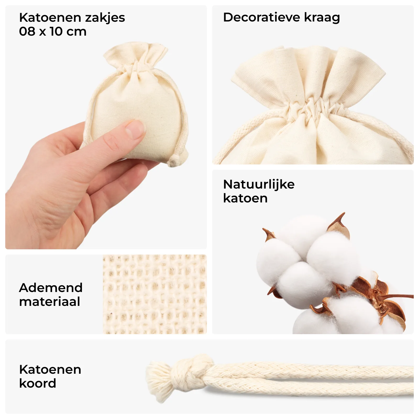 10 st. katoenen zakjes 8 x 10 cm - naturel, dubbele trekkoord - Afbeelding 2