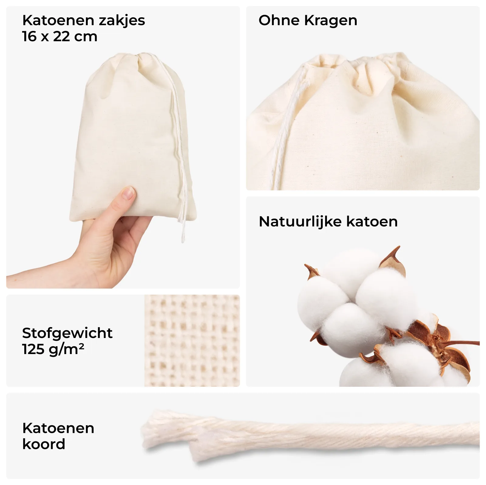 5 stuks Katoenen zakjes 16x22 cm met enkel koordje - natuurlijk, voor cadeaus - Afbeelding 2