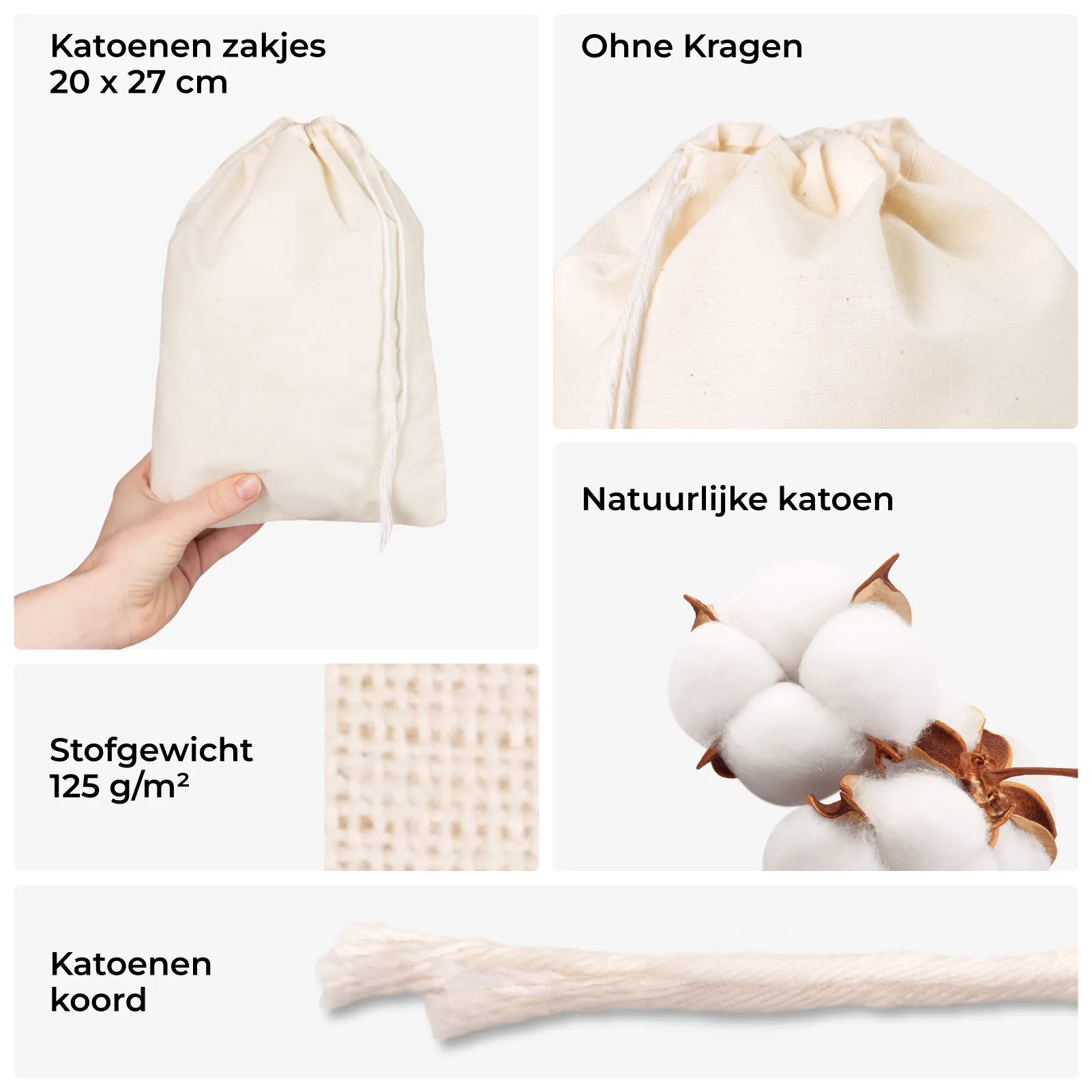 5 stuks Katoenen zakjes 20x27 cm met enkel koordje - natuurlijk, voor cadeaus - Afbeelding 2