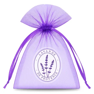 10 st. Organza zakjes voor lavendel 9 x 12 cm, donkerpaars met opdruk "Lavande de Provence"