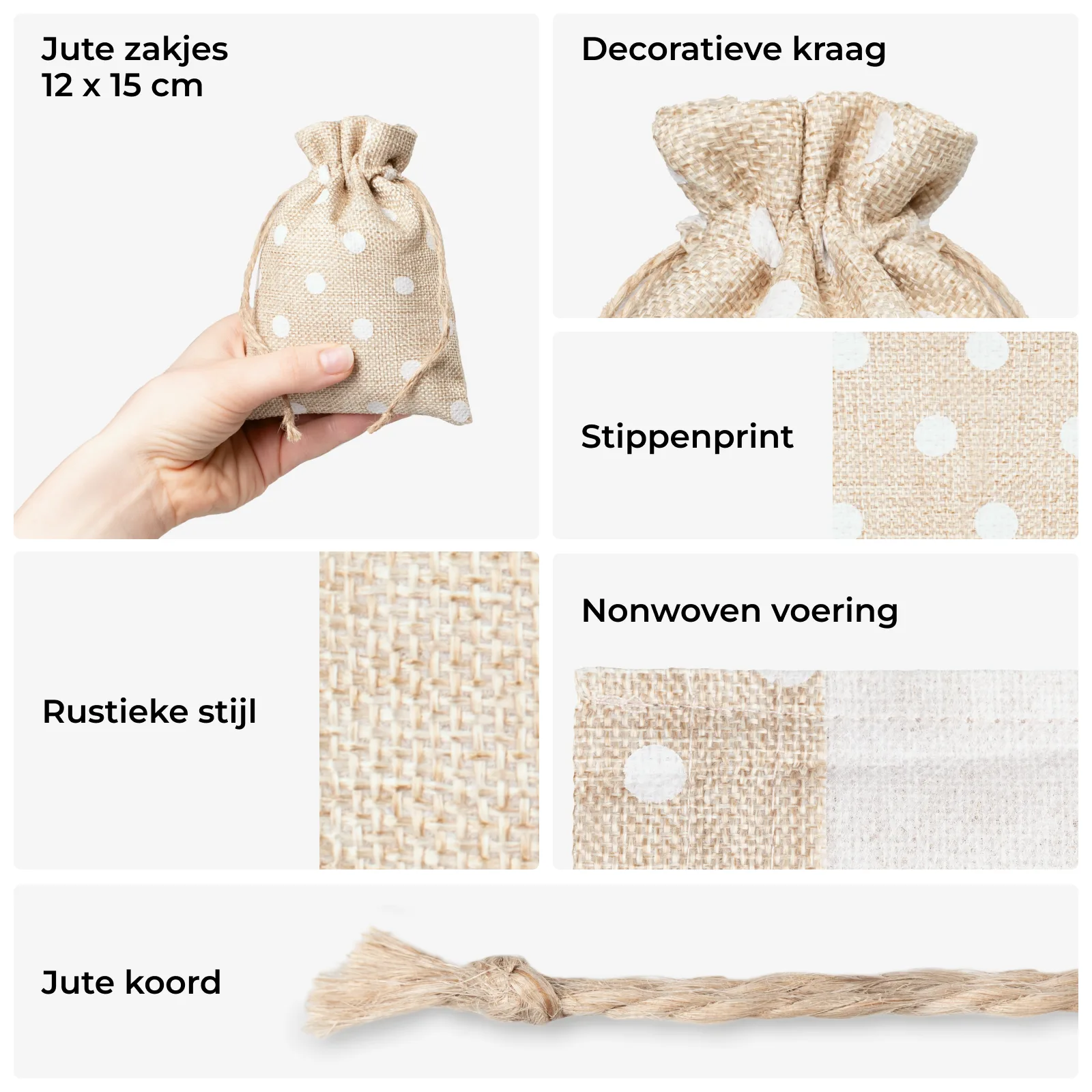 Jute zakjes 12x15 cm - witte stippen & rustieke charme voor jouw geschenken - Afbeelding 2