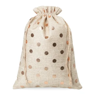 Jute zakjes 18x24 cm met gouden stippen - set van 5 met decoratieve kraag