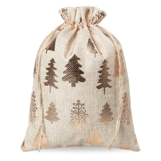 Set van 5 kerst zakjes van jute 18x24 cm - met boompjes in goud en koper