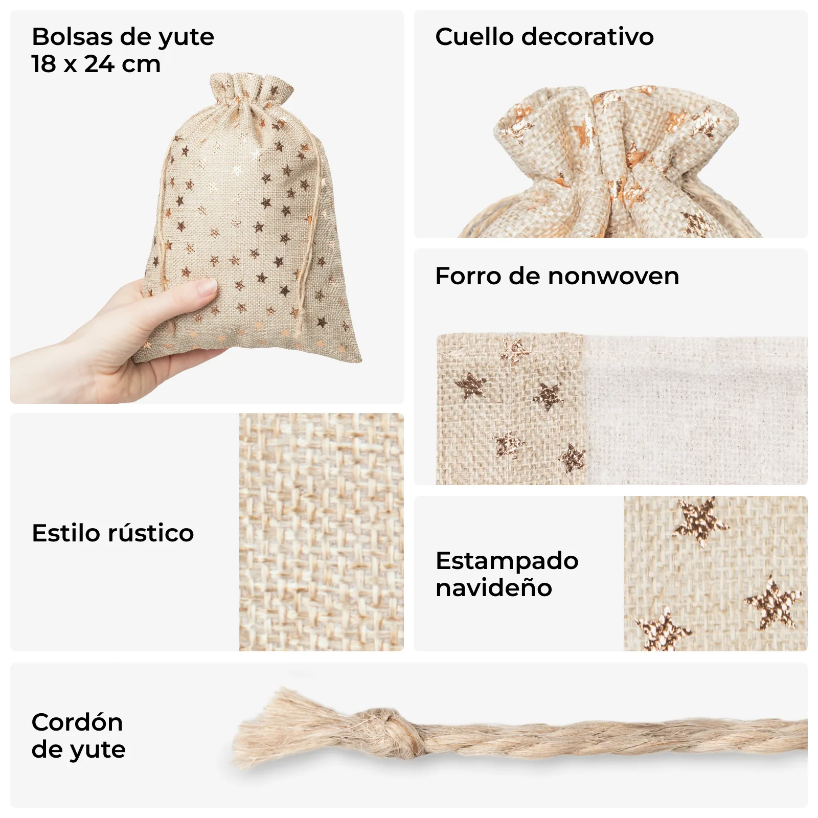 5 decoratieve jute zakjes 18x24 cm - met gouden sterren en rustieke flair - Afbeelding 2