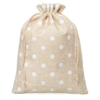 Set van 5 jute zakjes 18x24 cm - met witte stippen en decoratieve afwerking